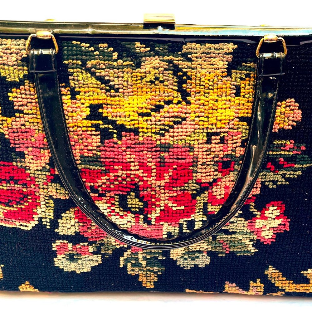 Vintage Boho Hippie Floral Chenille Carpet Tapestry Purse Hand Bag LW Black Mult